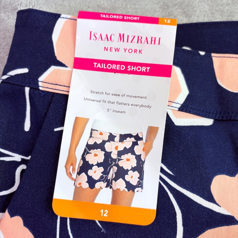 Isaac Mizrahi Womens 12 Navy Floral Scalloped Hem Tailored Shorts Summer Mod NWT - Picture 6 of 11